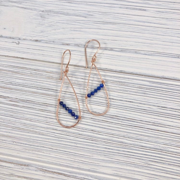 Skinny Rose Gold Lapis Teardrop Earrings | Teardrop Earrings | Asymmetric Earrings | Lapis Earrings | Boho Hoops | Lightweight Earrings | Edgy Earrings | Modern Earrings