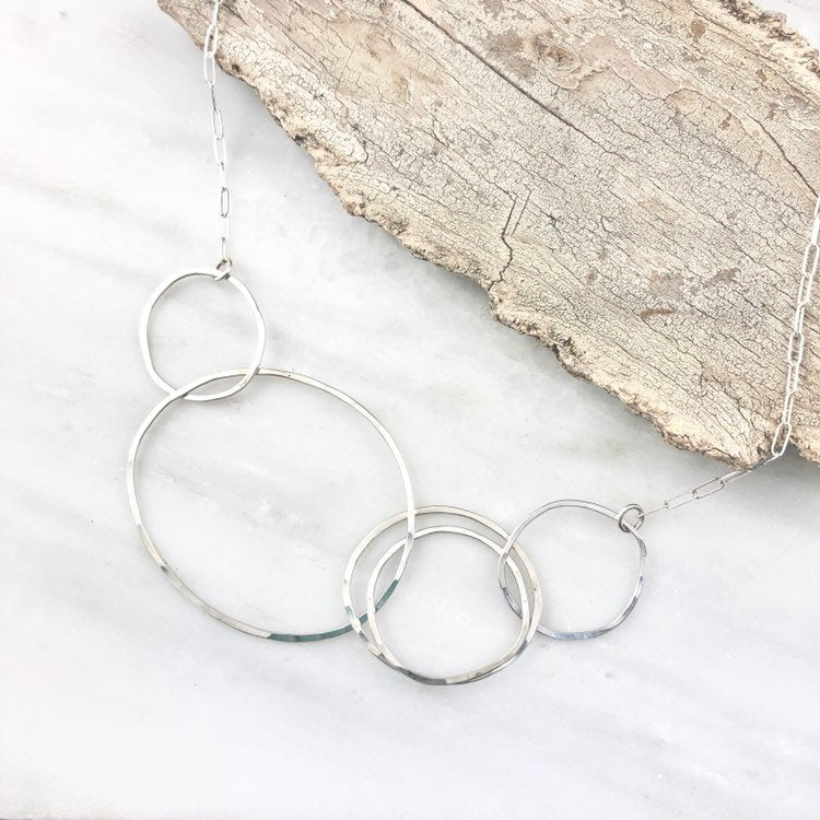 Silver Linked Circle Necklace | Silver Link Necklace | Interlocking Necklace | Statement Necklace | Silver Boho Necklace | Floating Circle Necklace | Hoop Pendant | Sterling Silver
