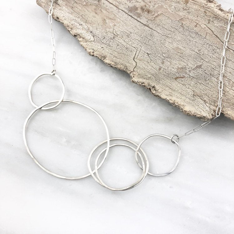 Silver Linked Circle Necklace | Silver Link Necklace | Interlocking Necklace | Statement Necklace | Silver Boho Necklace | Floating Circle Necklace | Hoop Pendant | Sterling Silver