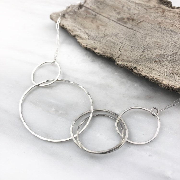 Silver Linked Circle Necklace | Silver Link Necklace | Interlocking Necklace | Statement Necklace | Silver Boho Necklace | Floating Circle Necklace | Hoop Pendant | Sterling Silver