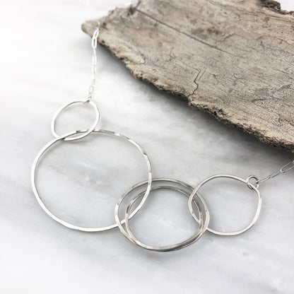 Silver Linked Circle Necklace | Silver Link Necklace | Interlocking Necklace | Statement Necklace | Silver Boho Necklace | Floating Circle Necklace | Hoop Pendant | Sterling Silver