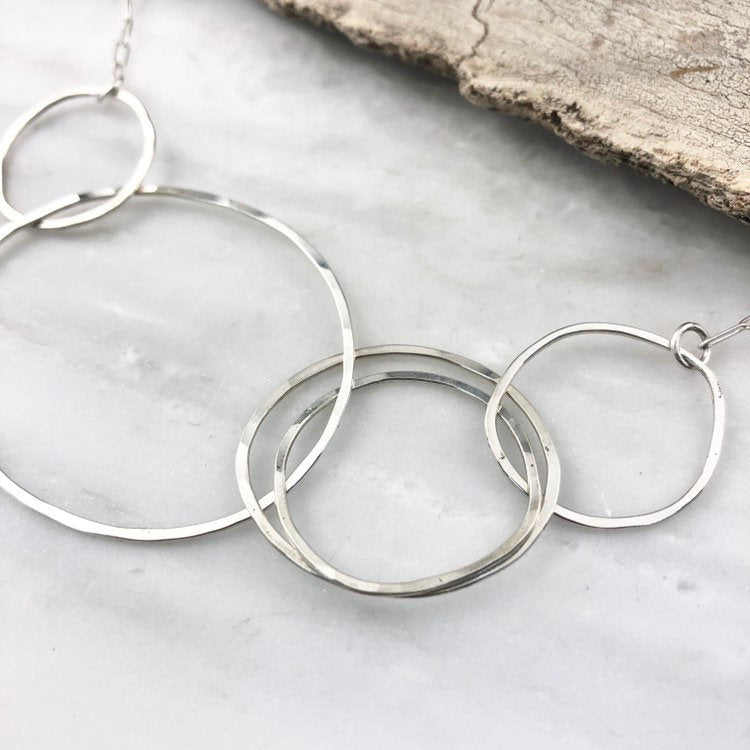 Silver Linked Circle Necklace | Silver Link Necklace | Interlocking Necklace | Statement Necklace | Silver Boho Necklace | Floating Circle Necklace | Hoop Pendant | Sterling Silver