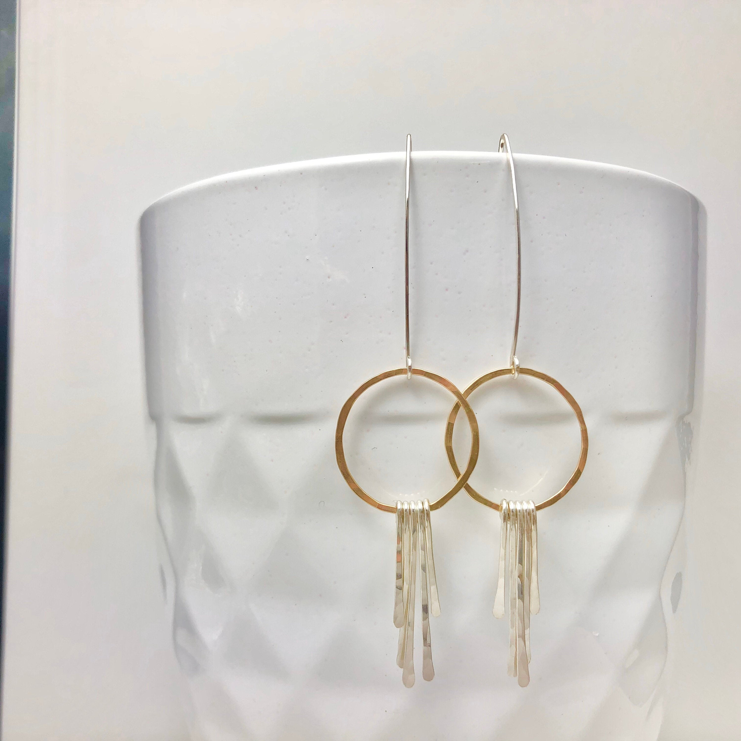 Gold Hoop Earrings with Sterling Silver Bar Fringe