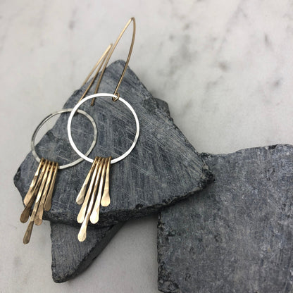 Silver Gold Fringe Hoop Earrings | Silver Boho Hoops | Fringe Earrings | Hammered Hoops | Mixed Metal Earrings | Statement Earrings