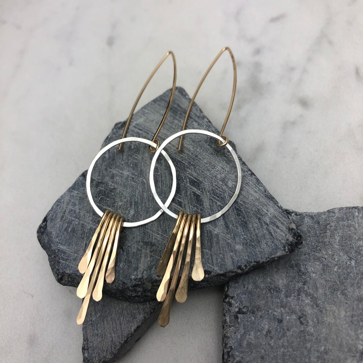 Silver Gold Fringe Hoop Earrings | Silver Boho Hoops | Fringe Earrings | Hammered Hoops | Mixed Metal Earrings | Statement Earrings
