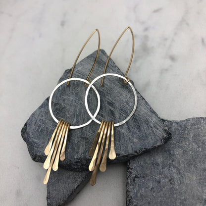 Silver Gold Fringe Hoop Earrings | Silver Boho Hoops | Fringe Earrings | Hammered Hoops | Mixed Metal Earrings | Statement Earrings