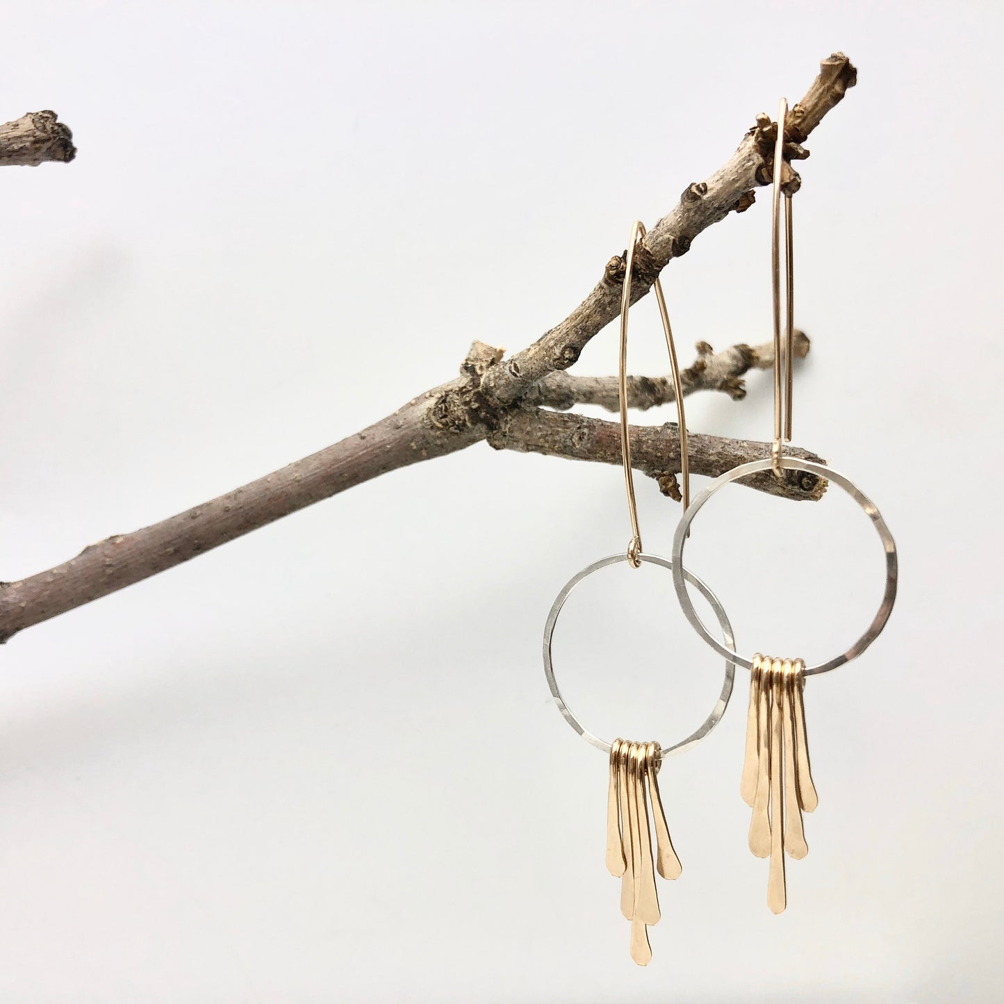 Silver Gold Fringe Hoop Earrings | Silver Boho Hoops | Fringe Earrings | Hammered Hoops | Mixed Metal Earrings | Statement Earrings