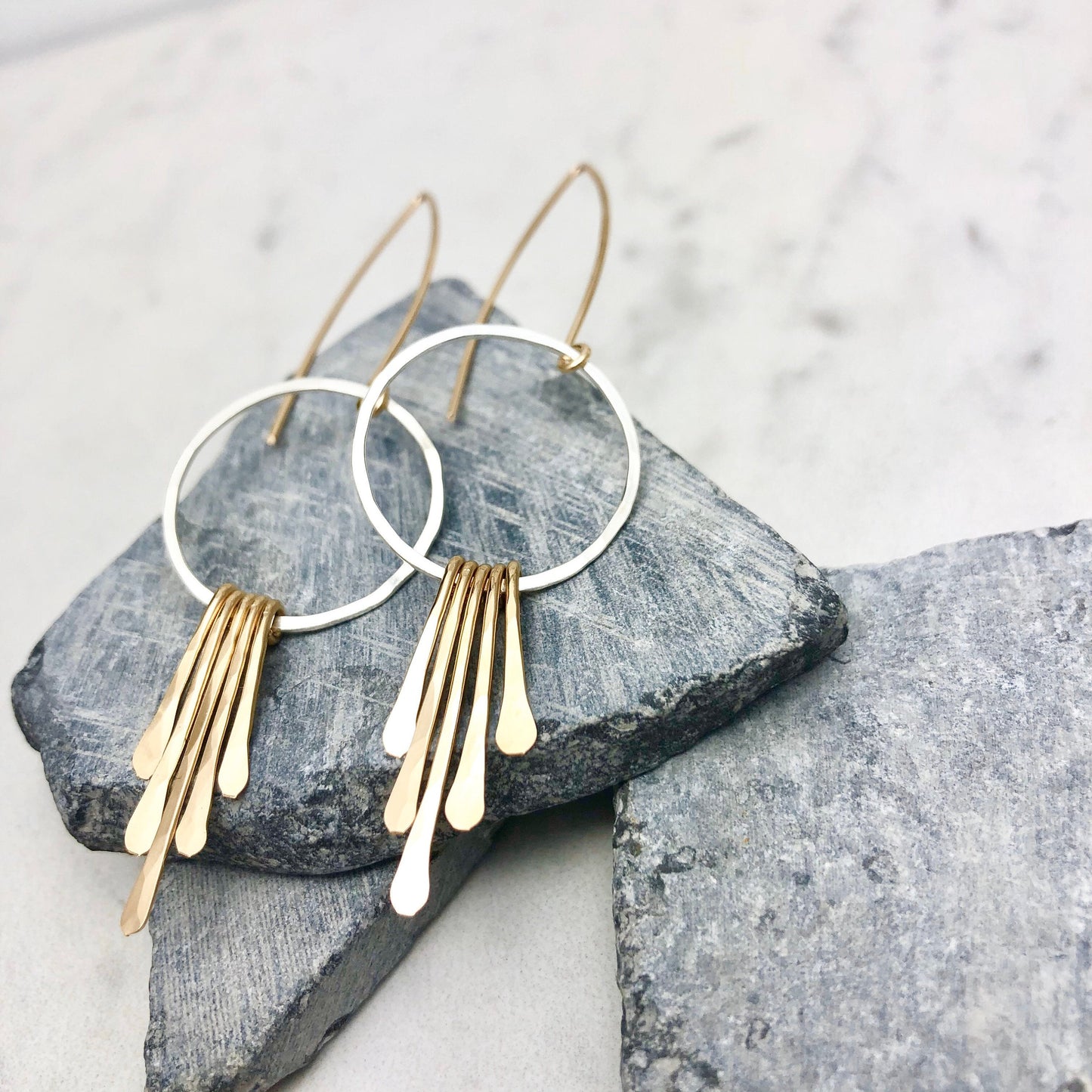 Silver Gold Fringe Hoop Earrings | Silver Boho Hoops | Fringe Earrings | Hammered Hoops | Mixed Metal Earrings | Statement Earrings