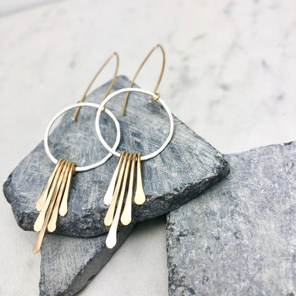 Silver Gold Fringe Hoop Earrings | Silver Boho Hoops | Fringe Earrings | Hammered Hoops | Mixed Metal Earrings | Statement Earrings