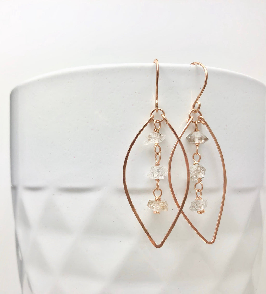 Rose Gold Leaf Earrings with Herkimer Diamonds