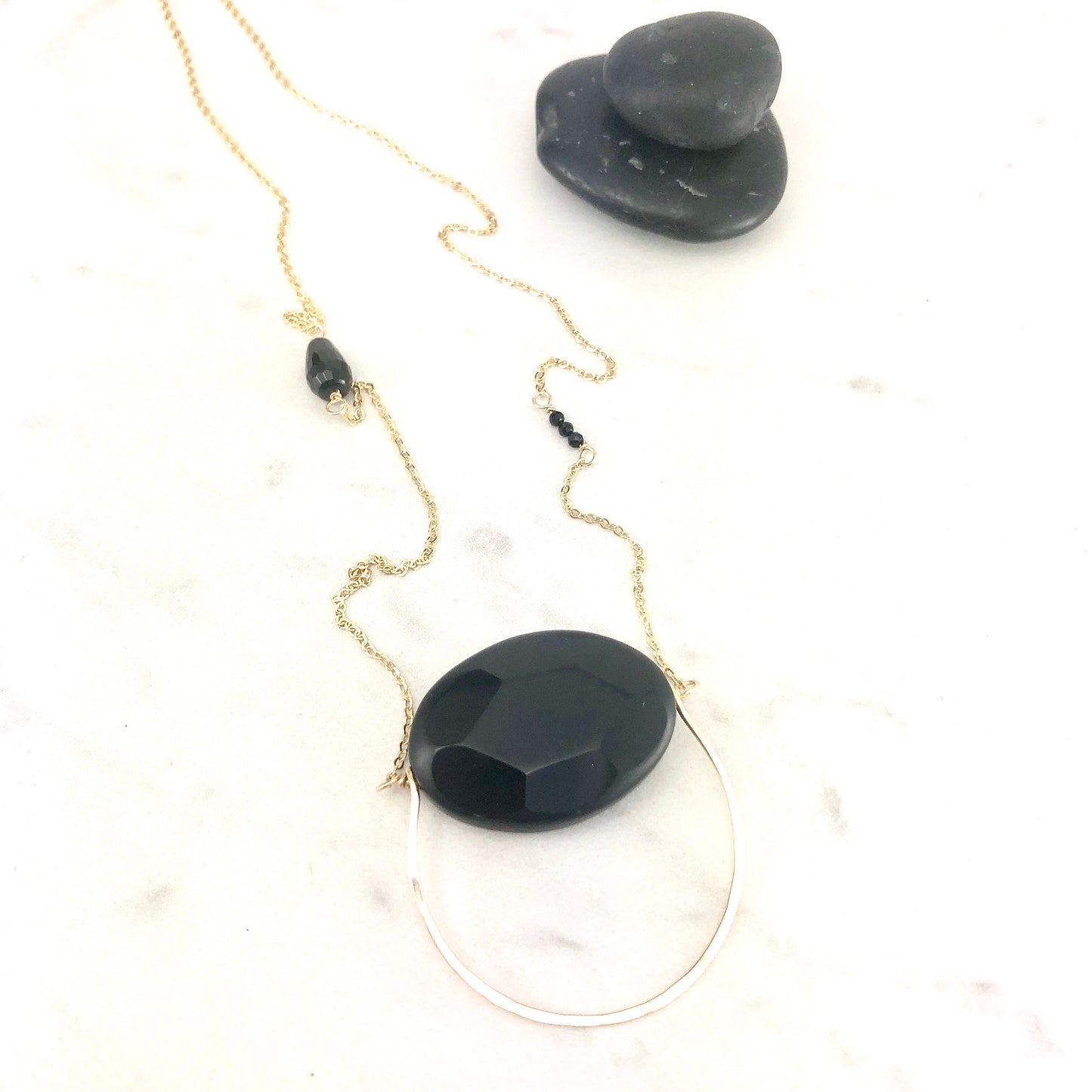 Handmade Gold and Onyx Swing Pendant | Boho Necklace | Dainty Pendant | Delicate Necklace | Gemstone Jewelry | Onyx Pendant