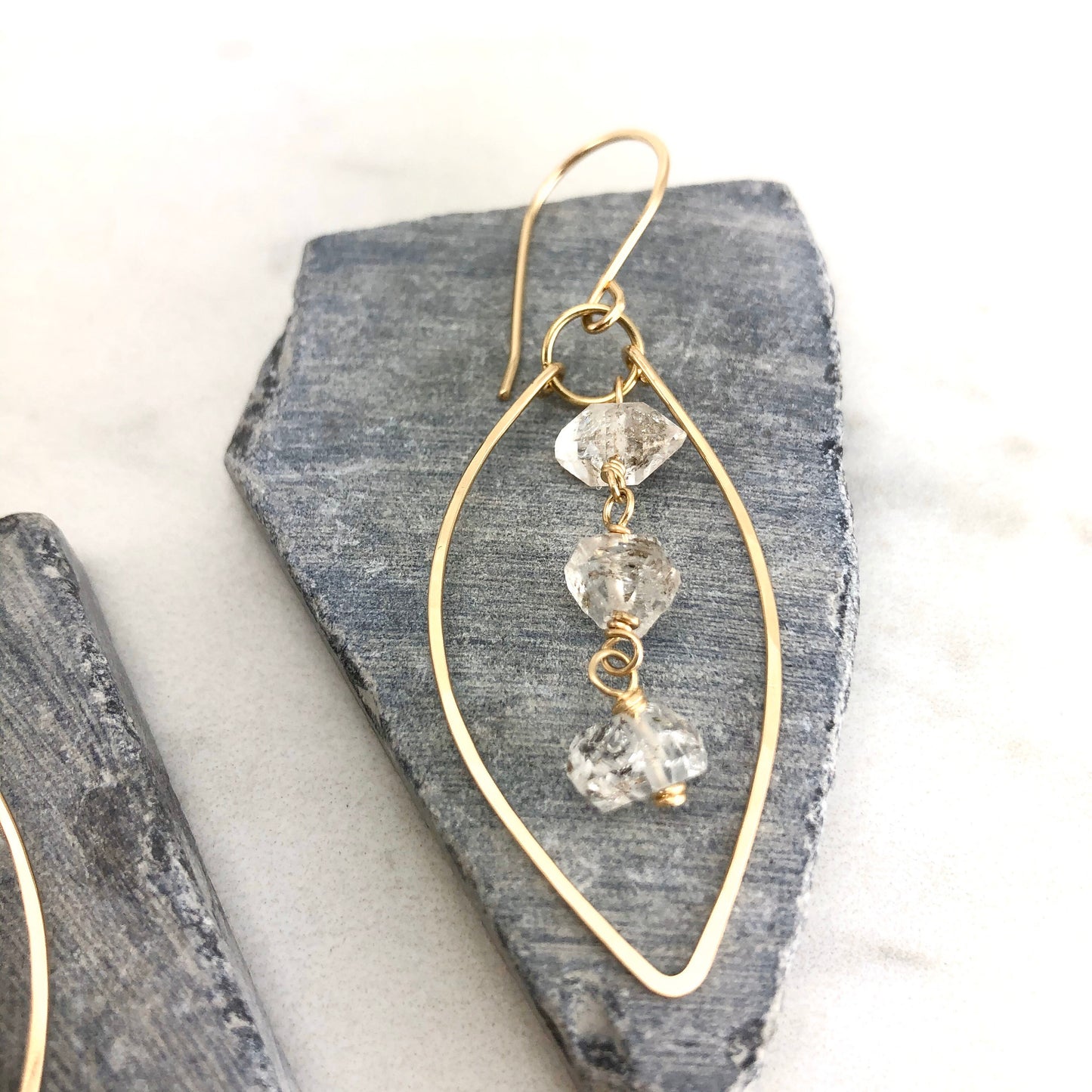 Gold Herkimer Diamonds Leaf Earrings  | Leaf Earrings | Hammered Hoops | Botanical Jewelry | Nature Earrings | Lightweight Earrings | Open Leaf | Marquise Earrings | Birthstone Earrings | April Birthstone | Diamond Earrings