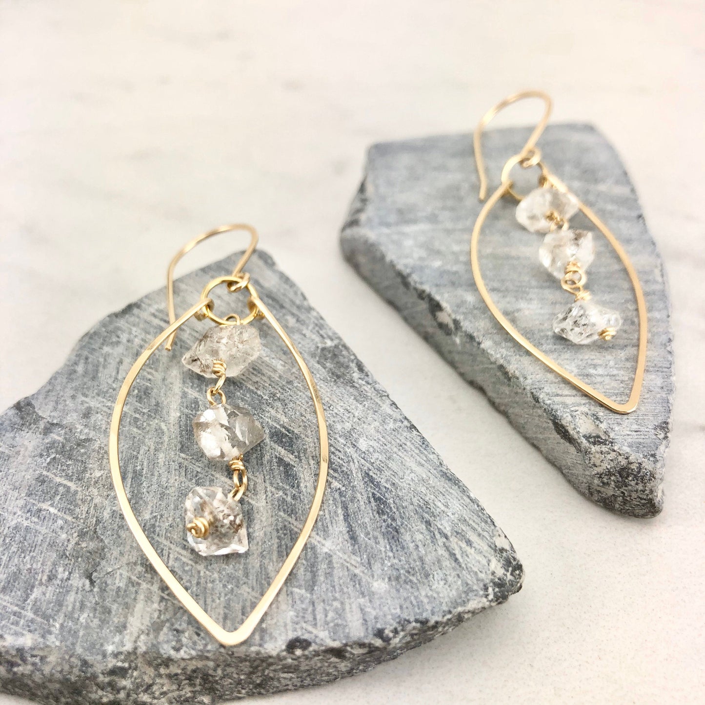 Gold Herkimer Diamonds Leaf Earrings  | Leaf Earrings | Hammered Hoops | Botanical Jewelry | Nature Earrings | Lightweight Earrings | Open Leaf | Marquise Earrings | Birthstone Earrings | April Birthstone | Diamond Earrings