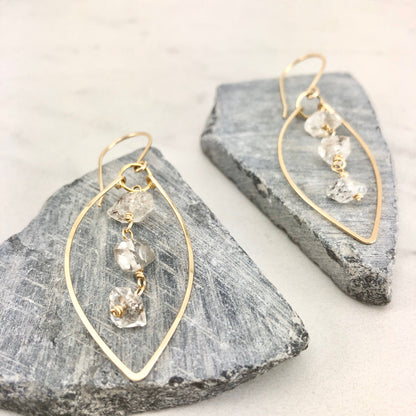 Gold Herkimer Diamonds Leaf Earrings  | Leaf Earrings | Hammered Hoops | Botanical Jewelry | Nature Earrings | Lightweight Earrings | Open Leaf | Marquise Earrings | Birthstone Earrings | April Birthstone | Diamond Earrings