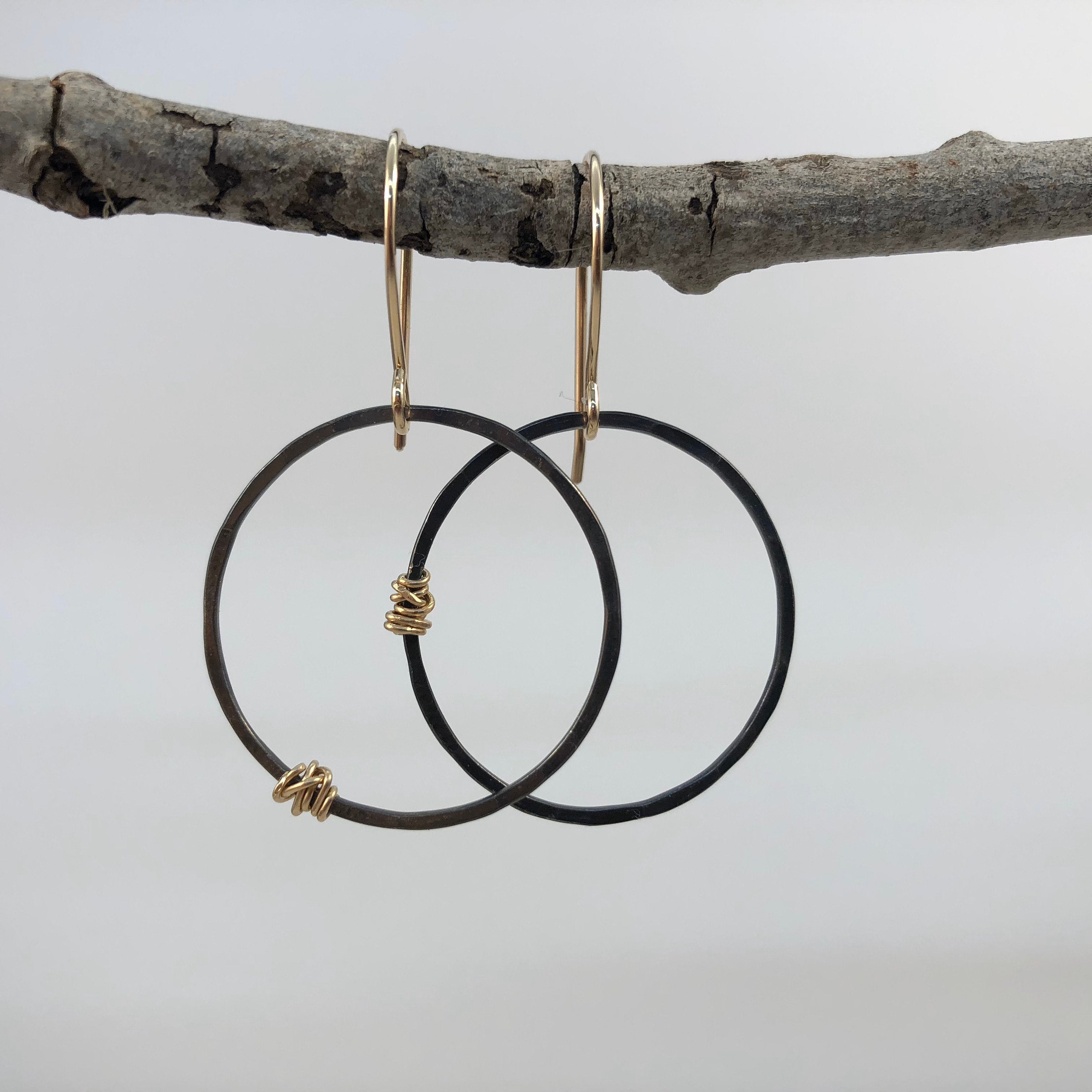 Oxidized Silver Hoops Earrings with Gold Wraps