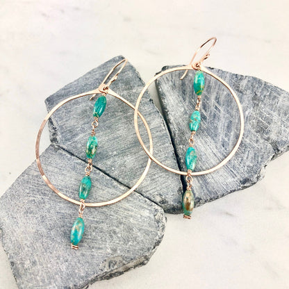 Turquoise and Rose Gold Hoop Earrings, big hoops, turquoise jewelry, rose gold hoops, turquoise drop earrings