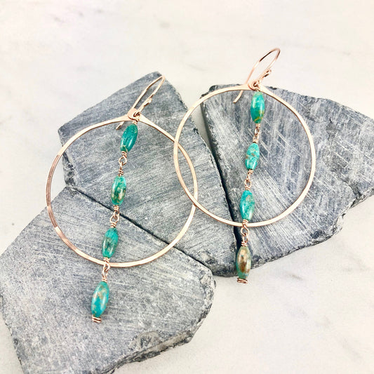 Turquoise and Rose Gold Hoop Earrings, big hoops, turquoise jewelry, rose gold hoops, turquoise drop earrings