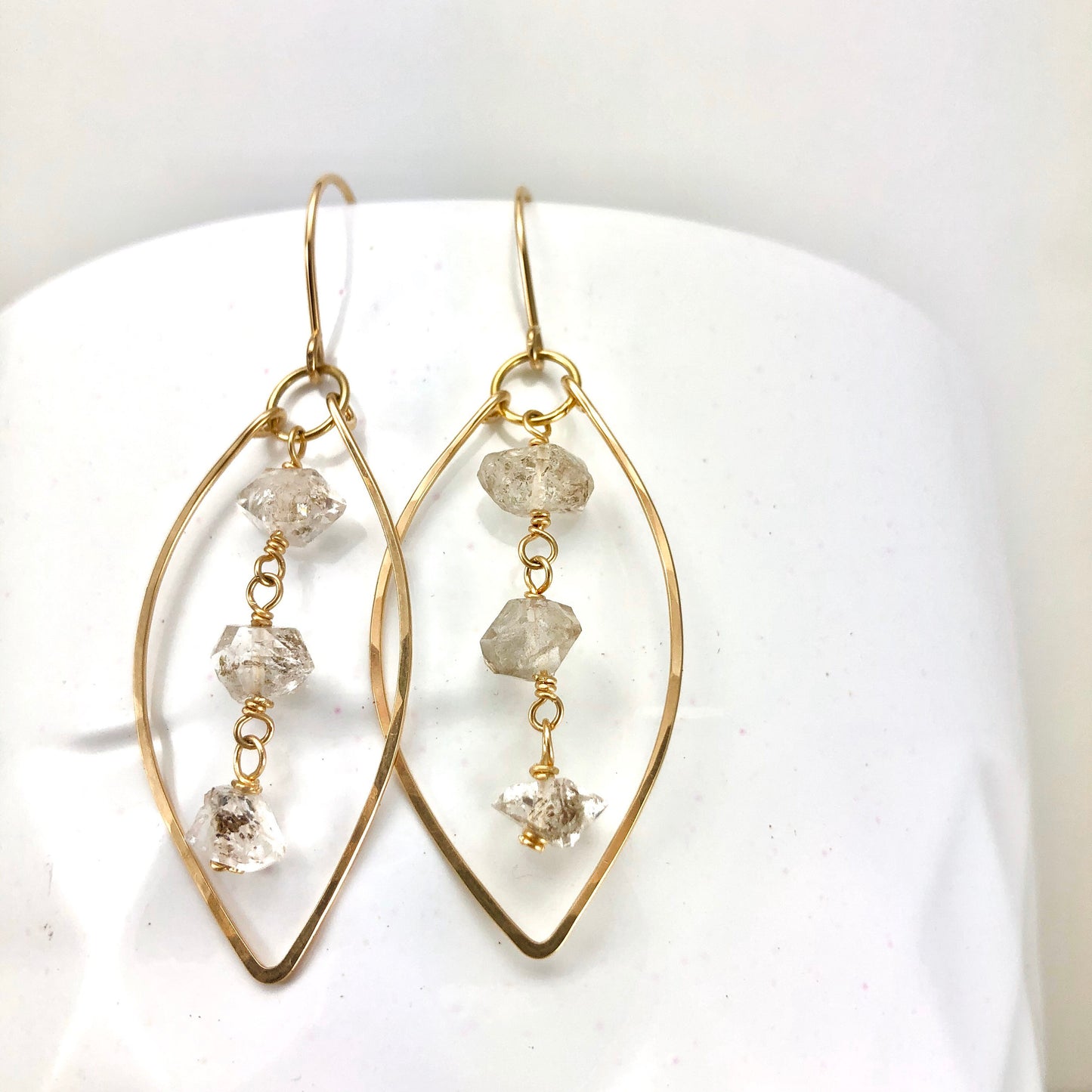 Gold Herkimer Diamonds Leaf Earrings  | Leaf Earrings | Hammered Hoops | Botanical Jewelry | Nature Earrings | Lightweight Earrings | Open Leaf | Marquise Earrings | Birthstone Earrings | April Birthstone | Diamond Earrings