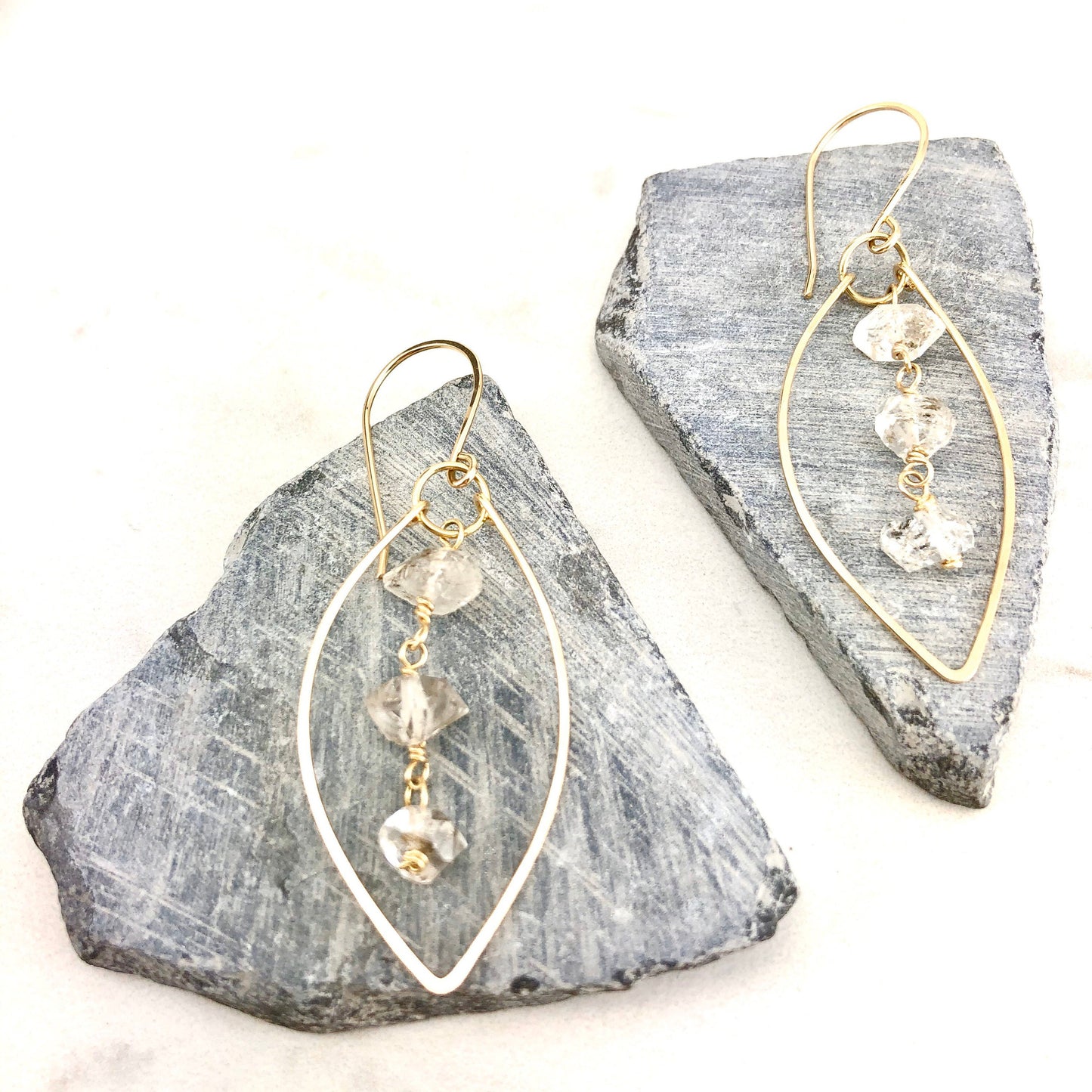 Gold Herkimer Diamonds Leaf Earrings  | Leaf Earrings | Hammered Hoops | Botanical Jewelry | Nature Earrings | Lightweight Earrings | Open Leaf | Marquise Earrings | Birthstone Earrings | April Birthstone | Diamond Earrings