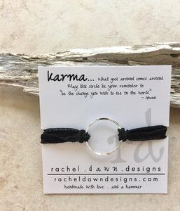Sterling Silver Karma Bracelet with Black Silk Ribbon