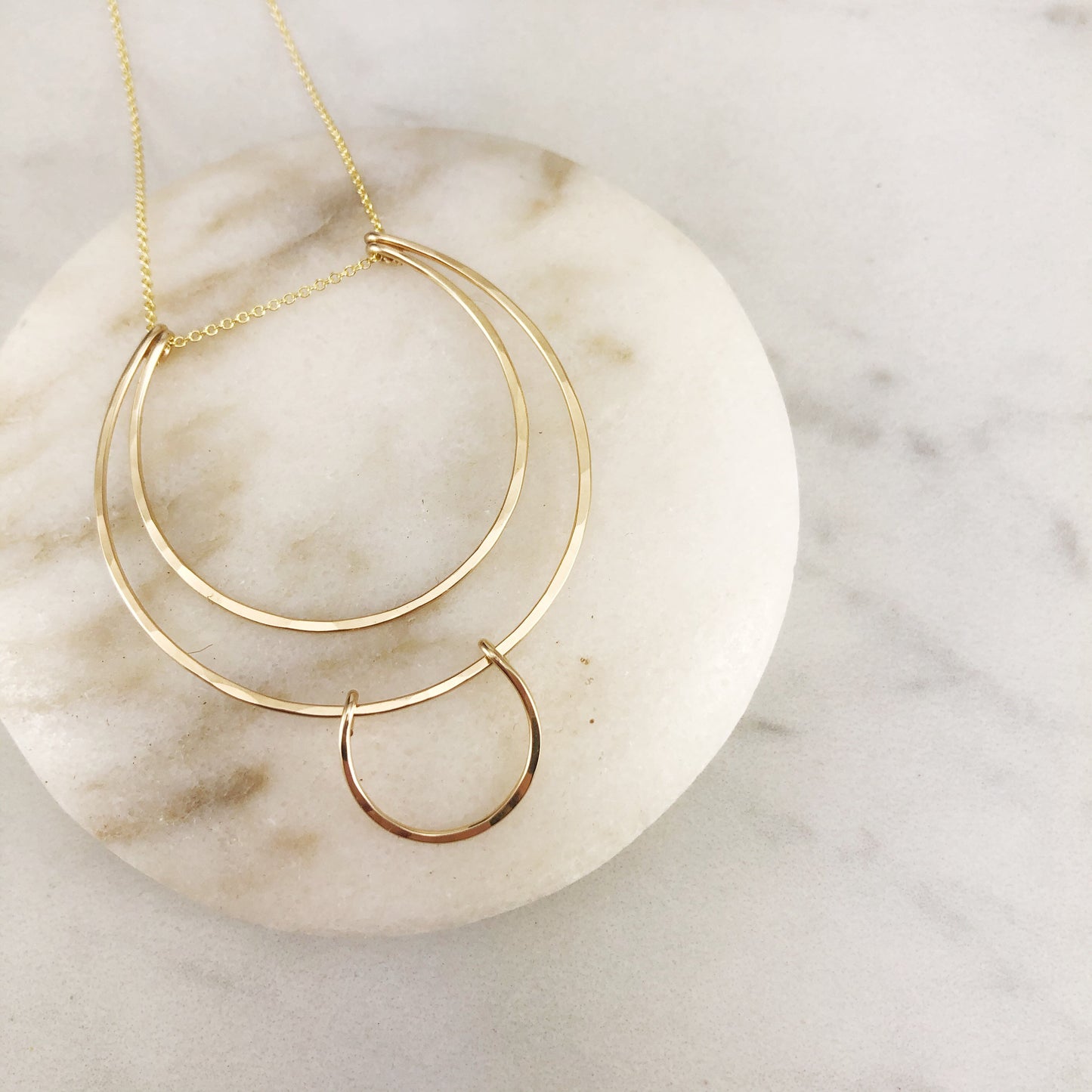 Geometric Gold Halo Necklace | Gold Hoop Necklace | Boho Necklace | Hammered Pendant | 14 K Gold Filled