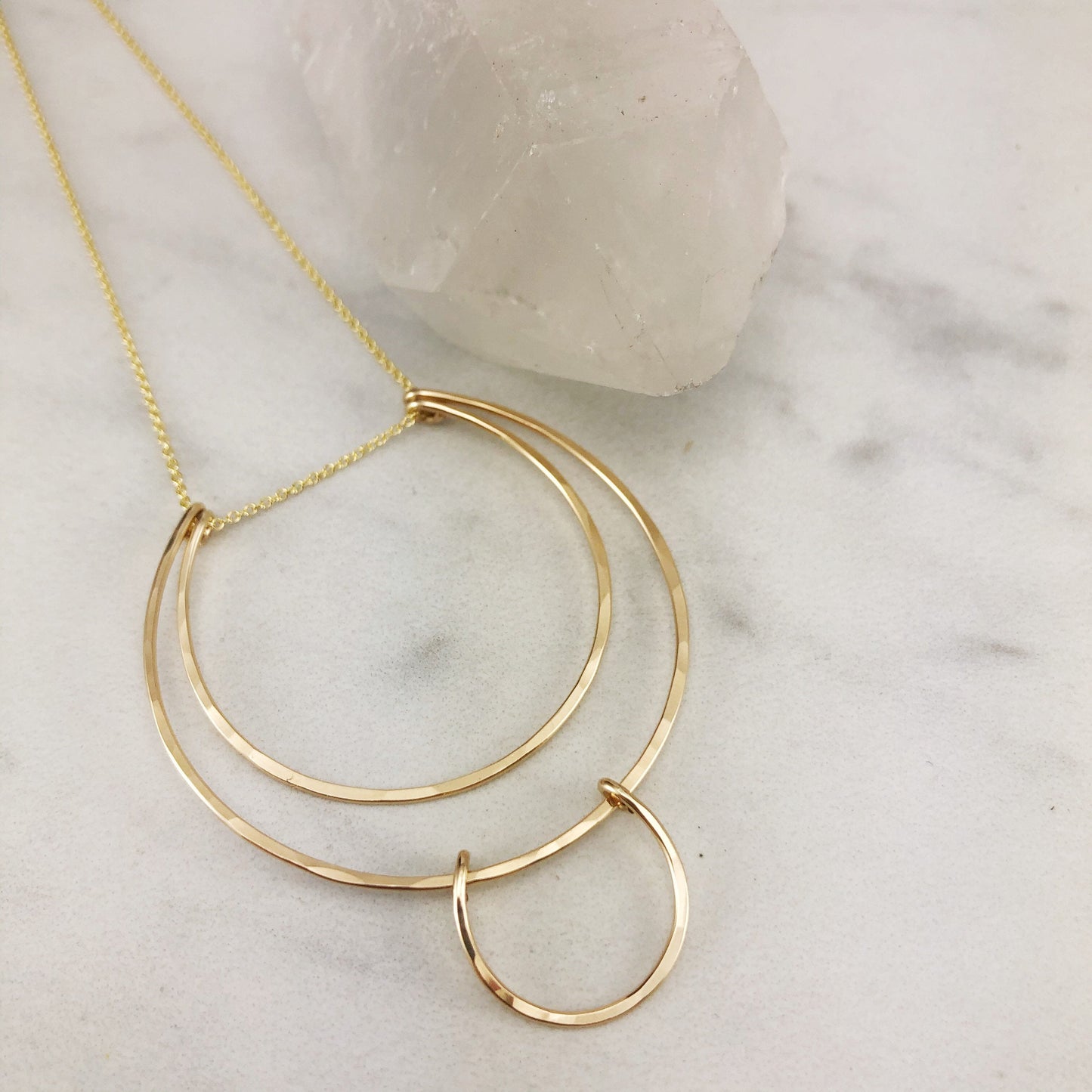 Geometric Gold Halo Necklace | Gold Hoop Necklace | Boho Necklace | Hammered Pendant | 14 K Gold Filled