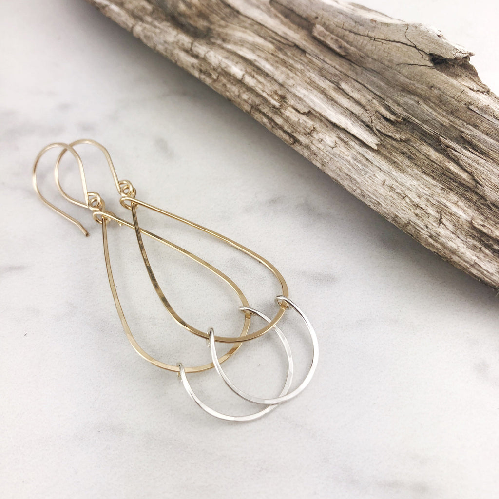 Hammered Gold and Silver Medium Teardrop Fall Earrings