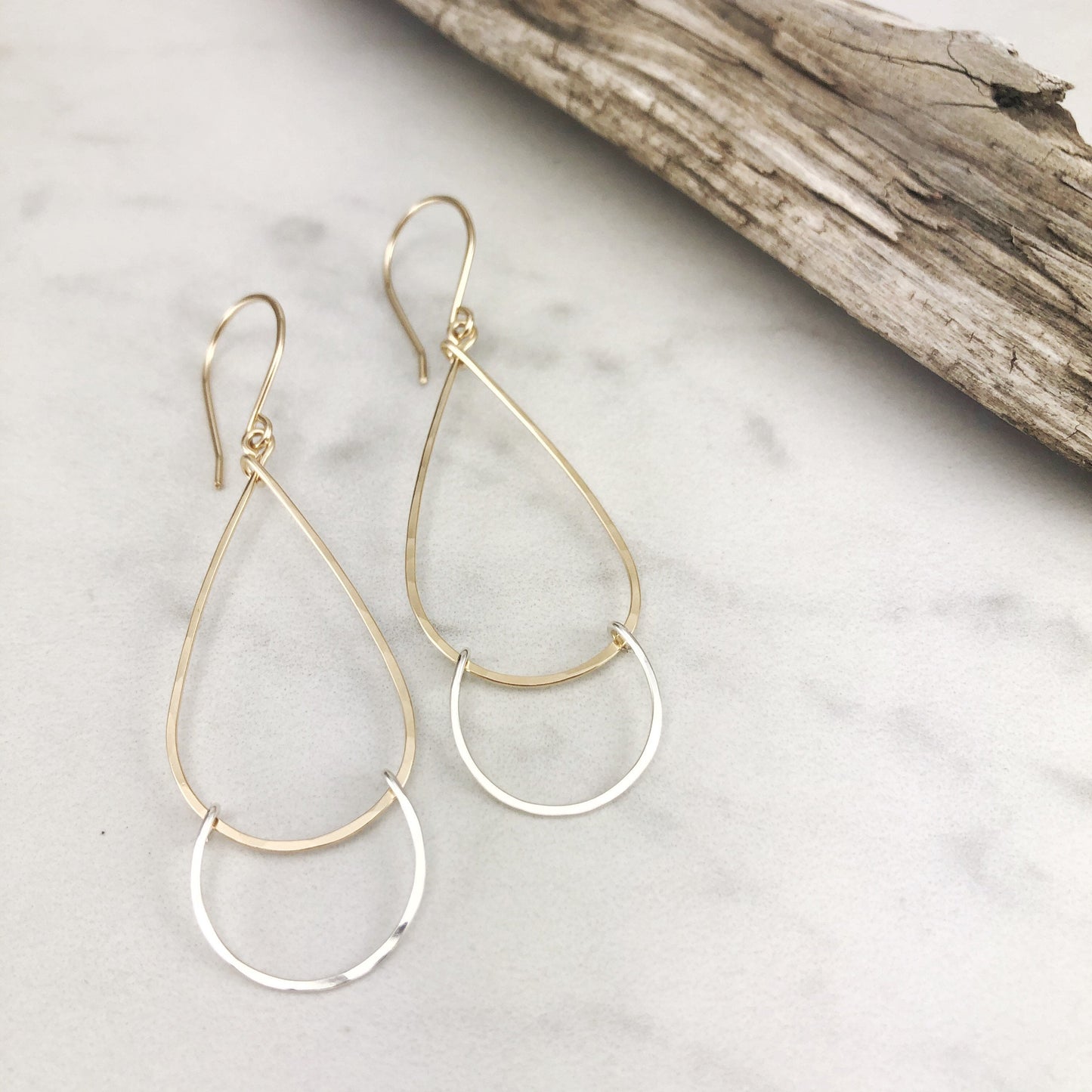 Hammered Gold and Silver Teardrop Earrings | Open Teardrop Earrings | Silver and Gold Teardrop Earrings | Geometric Earrings | Everyday Earrings