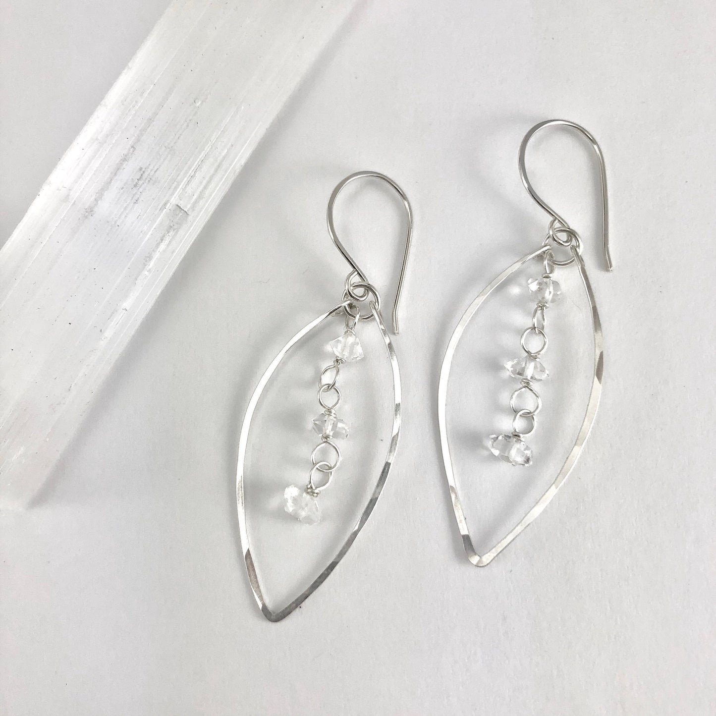 Silver Herkimer Diamonds Leaf Earrings  | Leaf Earrings | Hammered Hoops | Botanical Jewelry | Nature Earrings | Lightweight Earrings | Open Leaf | Marquise Earrings | Birthstone Earrings | April Birthstone | Diamond Earrings