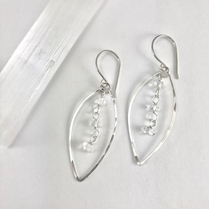 Silver Herkimer Diamonds Leaf Earrings  | Leaf Earrings | Hammered Hoops | Botanical Jewelry | Nature Earrings | Lightweight Earrings | Open Leaf | Marquise Earrings | Birthstone Earrings | April Birthstone | Diamond Earrings