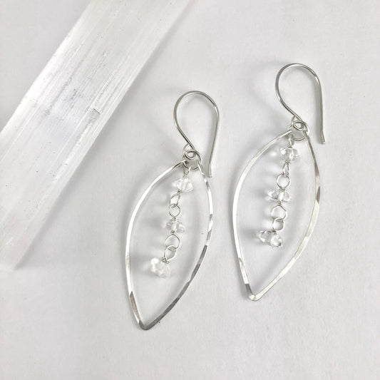 Silver Herkimer Diamonds Leaf Earrings  | Leaf Earrings | Hammered Hoops | Botanical Jewelry | Nature Earrings | Lightweight Earrings | Open Leaf | Marquise Earrings | Birthstone Earrings | April Birthstone | Diamond Earrings