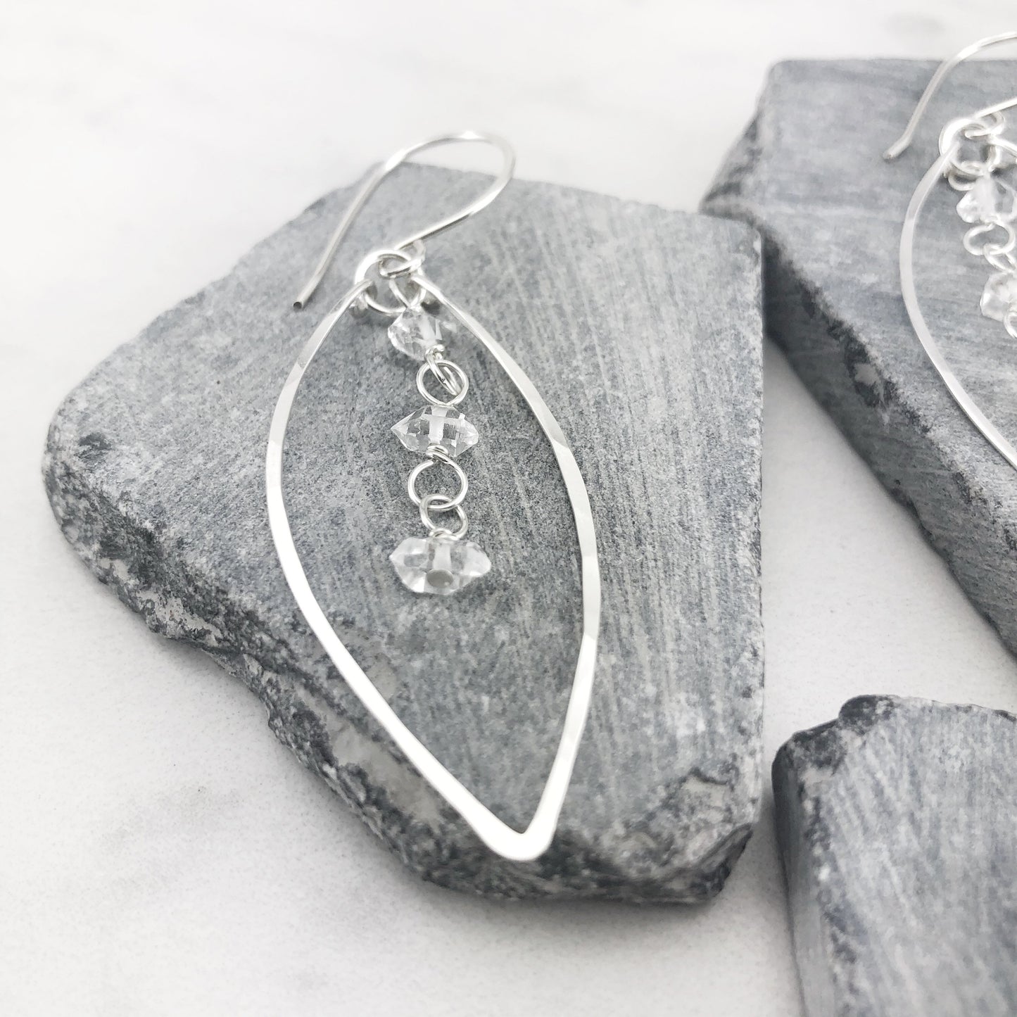 Silver Herkimer Diamonds Leaf Earrings  | Leaf Earrings | Hammered Hoops | Botanical Jewelry | Nature Earrings | Lightweight Earrings | Open Leaf | Marquise Earrings | Birthstone Earrings | April Birthstone | Diamond Earrings
