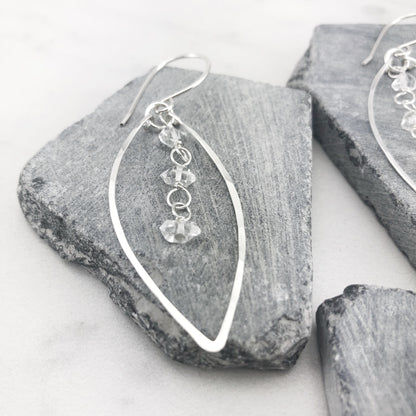 Silver Herkimer Diamonds Leaf Earrings  | Leaf Earrings | Hammered Hoops | Botanical Jewelry | Nature Earrings | Lightweight Earrings | Open Leaf | Marquise Earrings | Birthstone Earrings | April Birthstone | Diamond Earrings