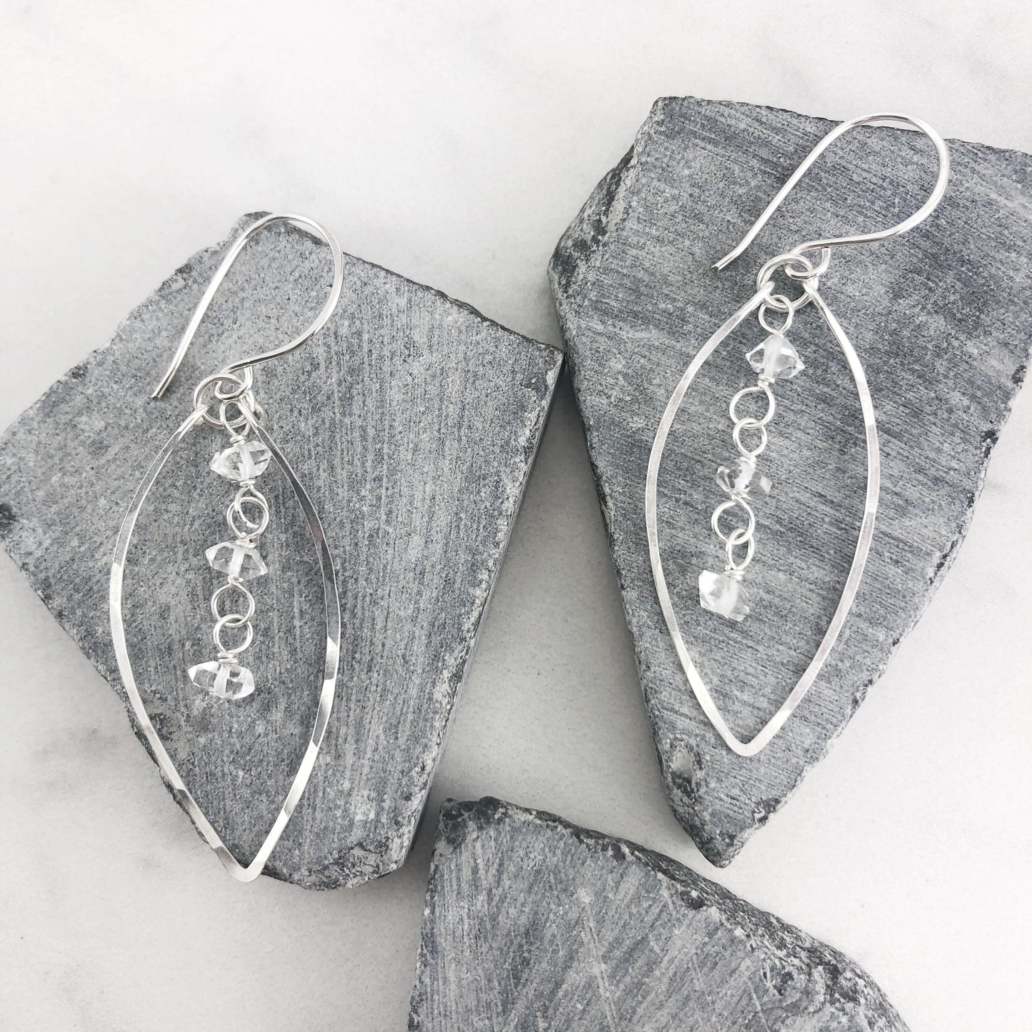 Silver Herkimer Diamonds Leaf Earrings  | Leaf Earrings | Hammered Hoops | Botanical Jewelry | Nature Earrings | Lightweight Earrings | Open Leaf | Marquise Earrings | Birthstone Earrings | April Birthstone | Diamond Earrings