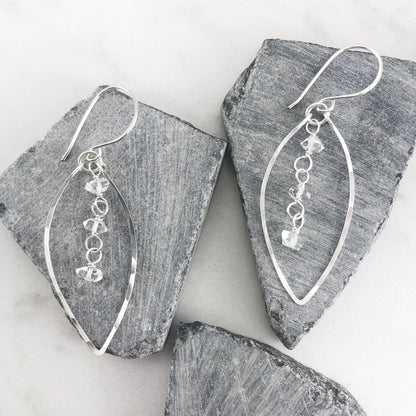 Silver Herkimer Diamonds Leaf Earrings  | Leaf Earrings | Hammered Hoops | Botanical Jewelry | Nature Earrings | Lightweight Earrings | Open Leaf | Marquise Earrings | Birthstone Earrings | April Birthstone | Diamond Earrings