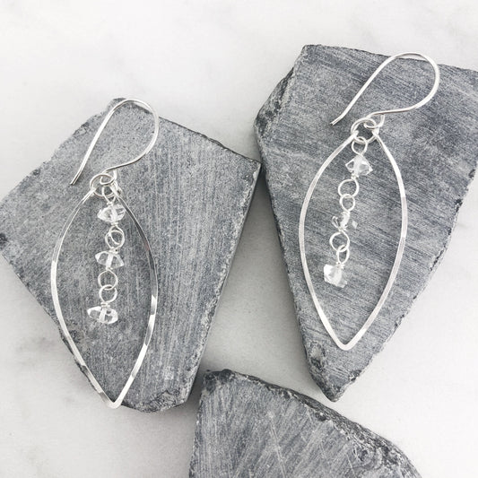 Silver Herkimer Diamonds Leaf Earrings  | Leaf Earrings | Hammered Hoops | Botanical Jewelry | Nature Earrings | Lightweight Earrings | Open Leaf | Marquise Earrings | Birthstone Earrings | April Birthstone | Diamond Earrings