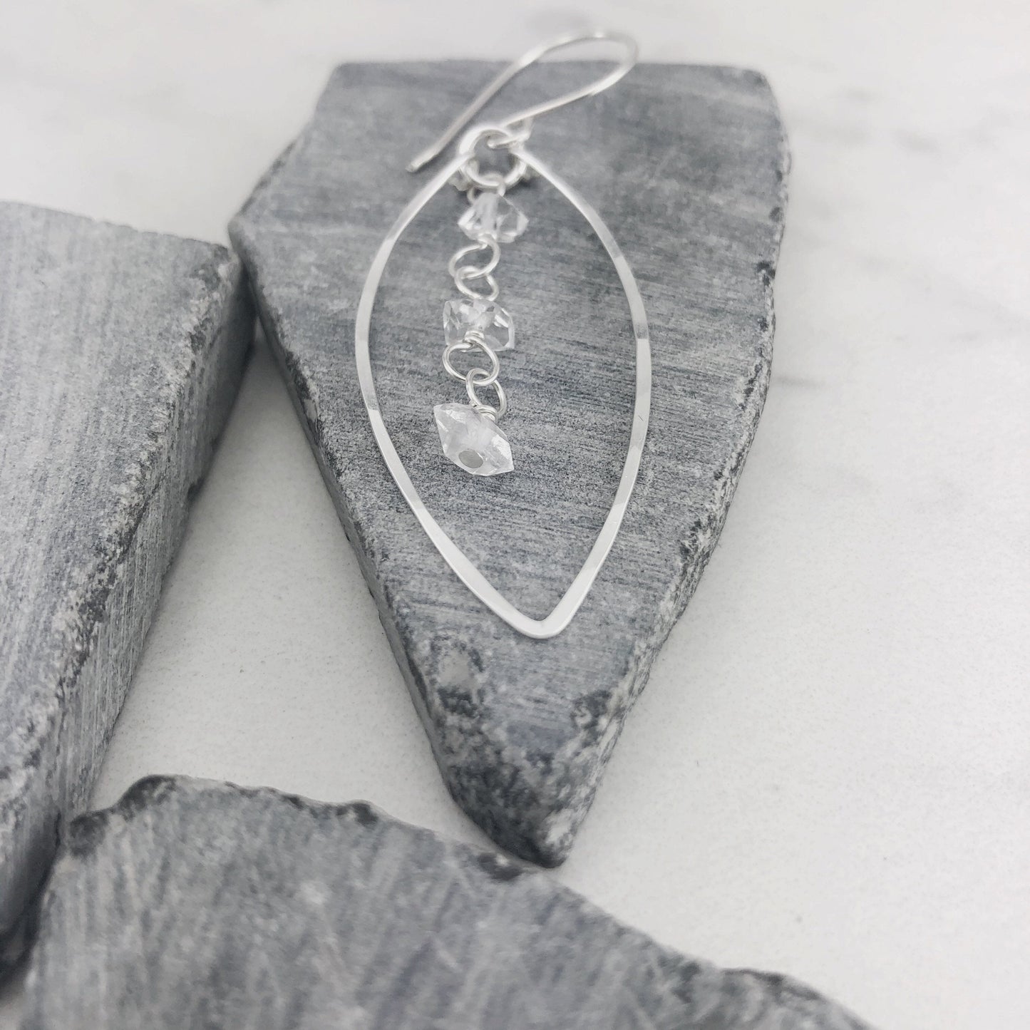 Silver Herkimer Diamonds Leaf Earrings  | Leaf Earrings | Hammered Hoops | Botanical Jewelry | Nature Earrings | Lightweight Earrings | Open Leaf | Marquise Earrings | Birthstone Earrings | April Birthstone | Diamond Earrings