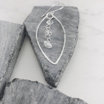 Silver Herkimer Diamonds Leaf Earrings  | Leaf Earrings | Hammered Hoops | Botanical Jewelry | Nature Earrings | Lightweight Earrings | Open Leaf | Marquise Earrings | Birthstone Earrings | April Birthstone | Diamond Earrings