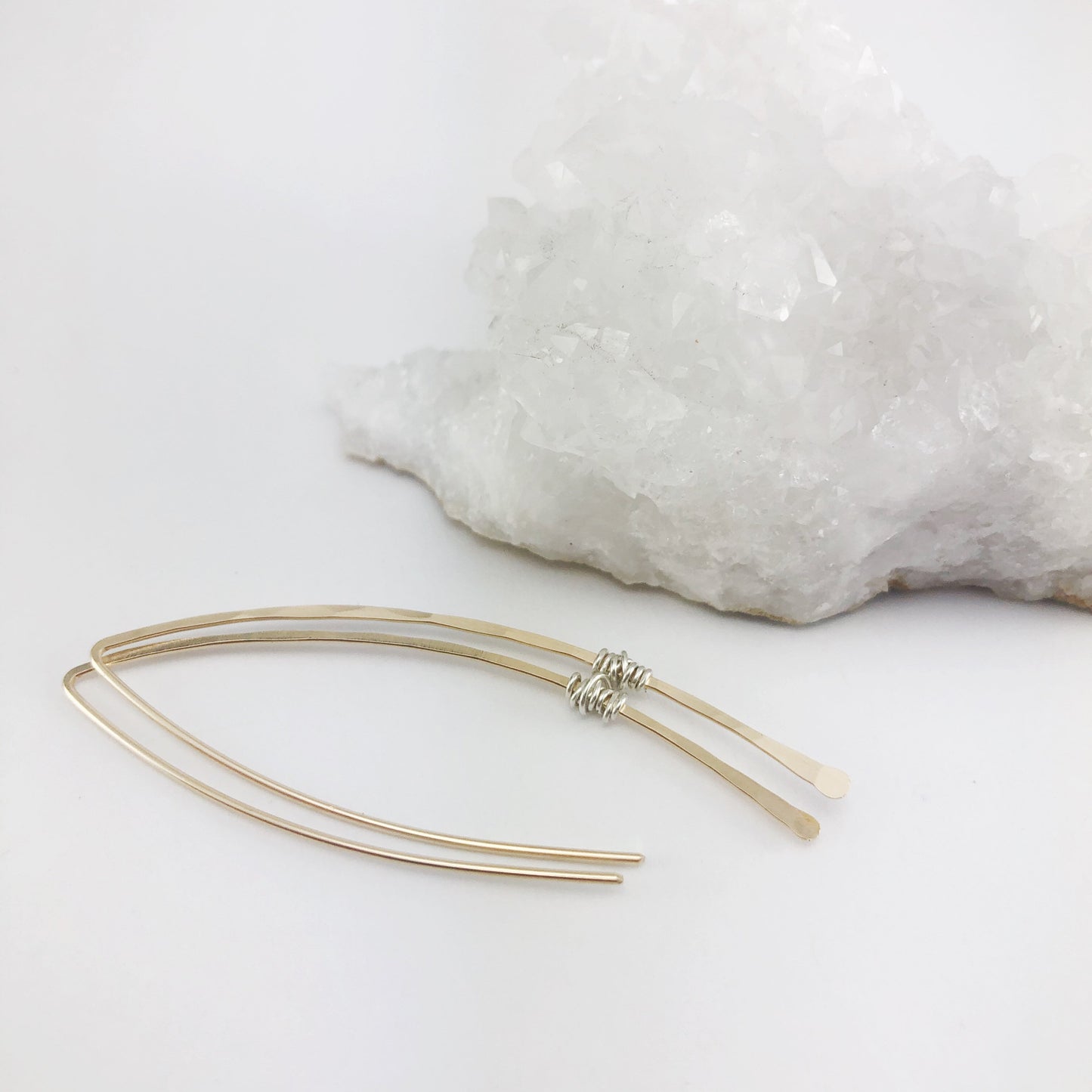 Hammered Gold and Sterling Silver Threader Earring | Arc Earrings | Open Hoops | Delicate Earrings | Dainty Open Hoops | Pull Through Earrings