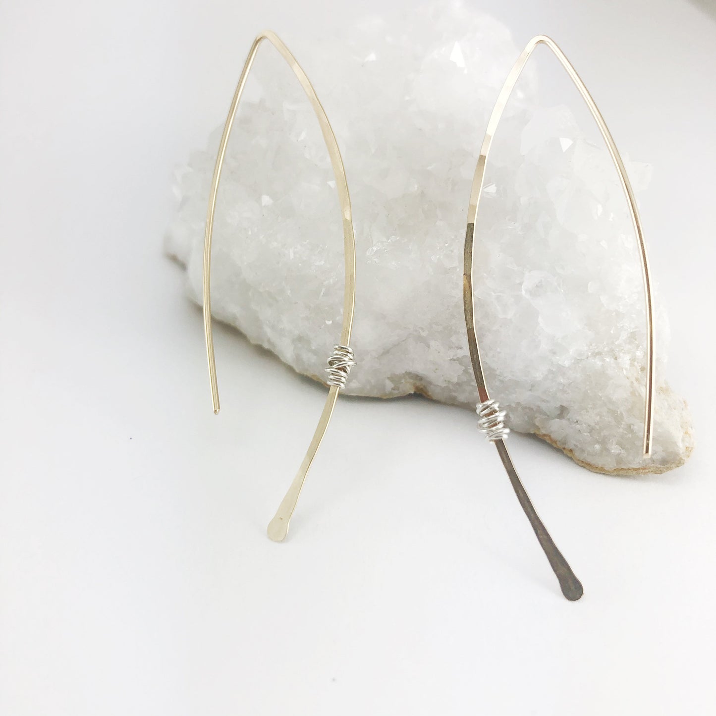 Hammered Gold and Sterling Silver Threader Earring | Arc Earrings | Open Hoops | Delicate Earrings | Dainty Open Hoops | Pull Through Earrings