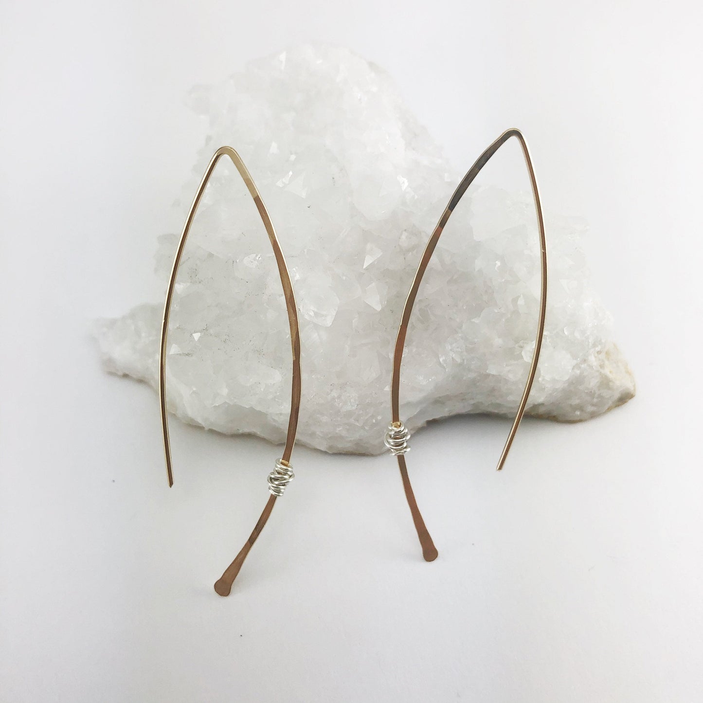 Hammered Gold and Sterling Silver Threader Earring | Arc Earrings | Open Hoops | Delicate Earrings | Dainty Open Hoops | Pull Through Earrings