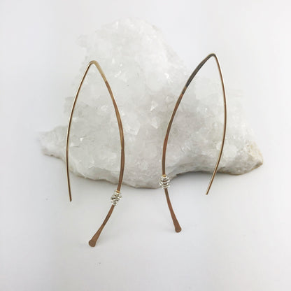 Hammered Gold and Sterling Silver Threader Earring | Arc Earrings | Open Hoops | Delicate Earrings | Dainty Open Hoops | Pull Through Earrings