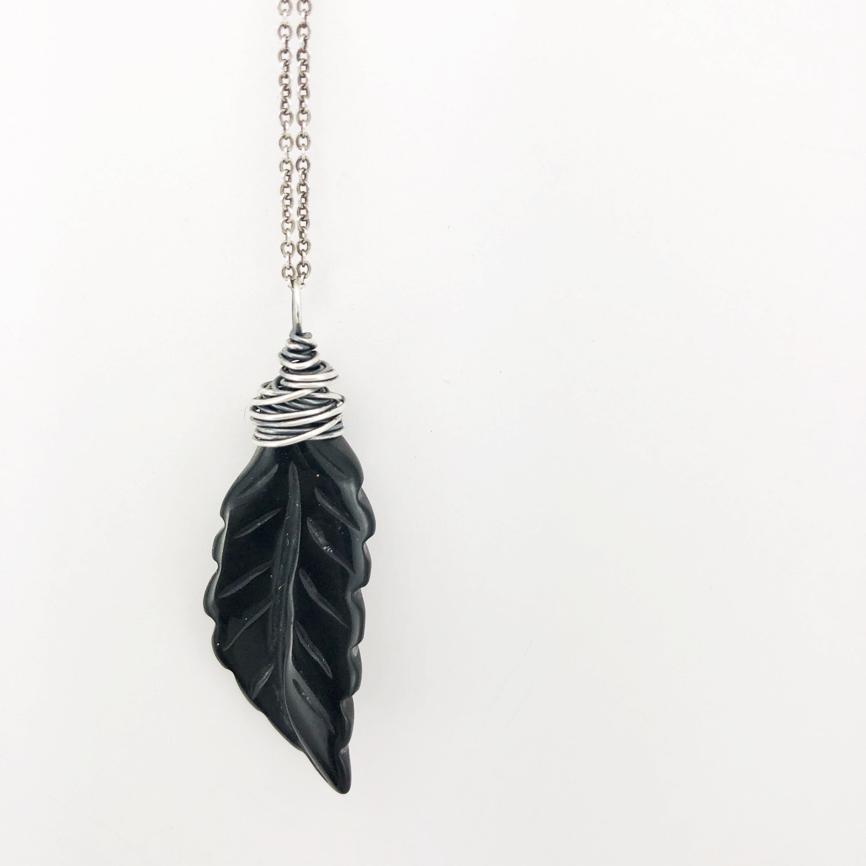 Silver Obsidian Feather Necklace