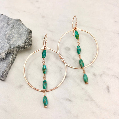 Turquoise and Rose Gold Hoop Earrings, big hoops, turquoise jewelry, rose gold hoops, turquoise drop earrings