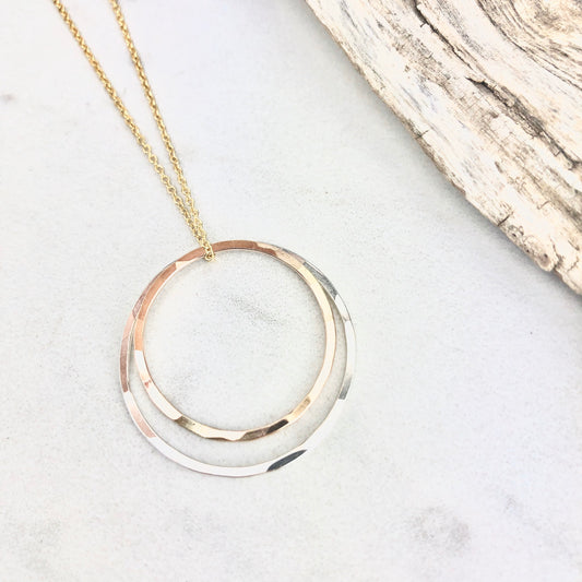 Gold and Silver Solar Eclipse Necklace | Karma Necklace | Mixed Metal Pendant | Hammered Hoop Necklace | Boho Necklace | Dainty Necklace