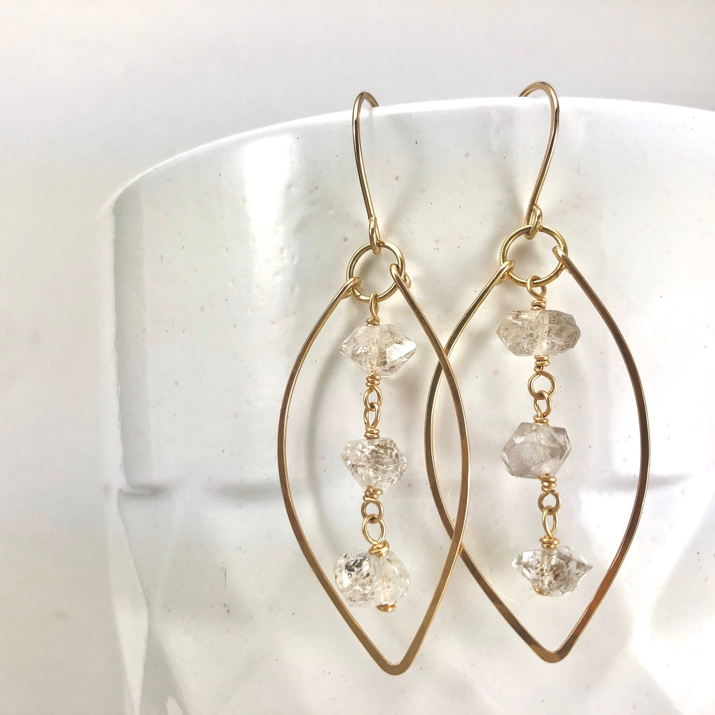Gold Herkimer Diamonds Leaf Earrings  | Leaf Earrings | Hammered Hoops | Botanical Jewelry | Nature Earrings | Lightweight Earrings | Open Leaf | Marquise Earrings | Birthstone Earrings | April Birthstone | Diamond Earrings