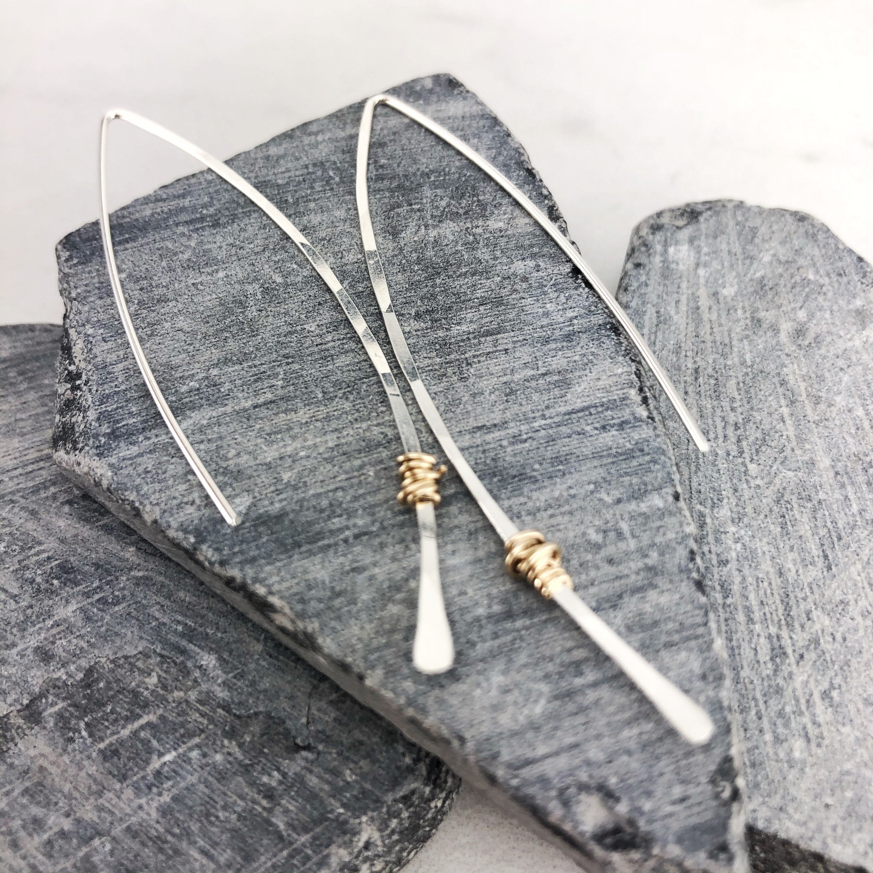 Hammered Sterling Silver and Gold Threader Earrings