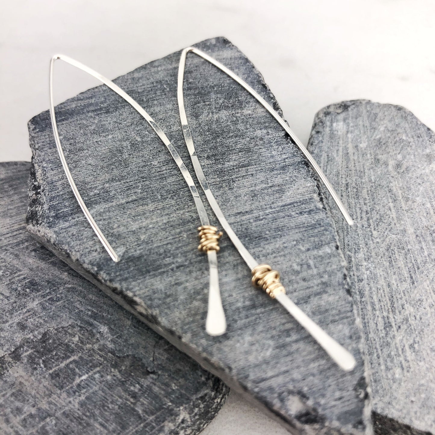 Hammered Sterling Silver and Gold Threader Earrings | Arc Earrings | Open Hoops | Delicate Earrings | Dainty Open Hoops | Pull Through Earrings