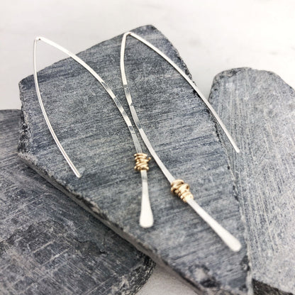 Hammered Sterling Silver and Gold Threader Earrings | Arc Earrings | Open Hoops | Delicate Earrings | Dainty Open Hoops | Pull Through Earrings