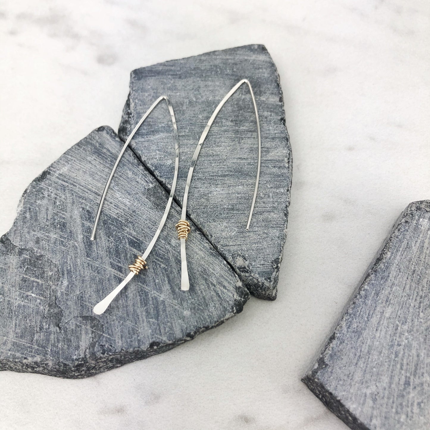 Hammered Sterling Silver and Gold Threader Earrings | Arc Earrings | Open Hoops | Delicate Earrings | Dainty Open Hoops | Pull Through Earrings